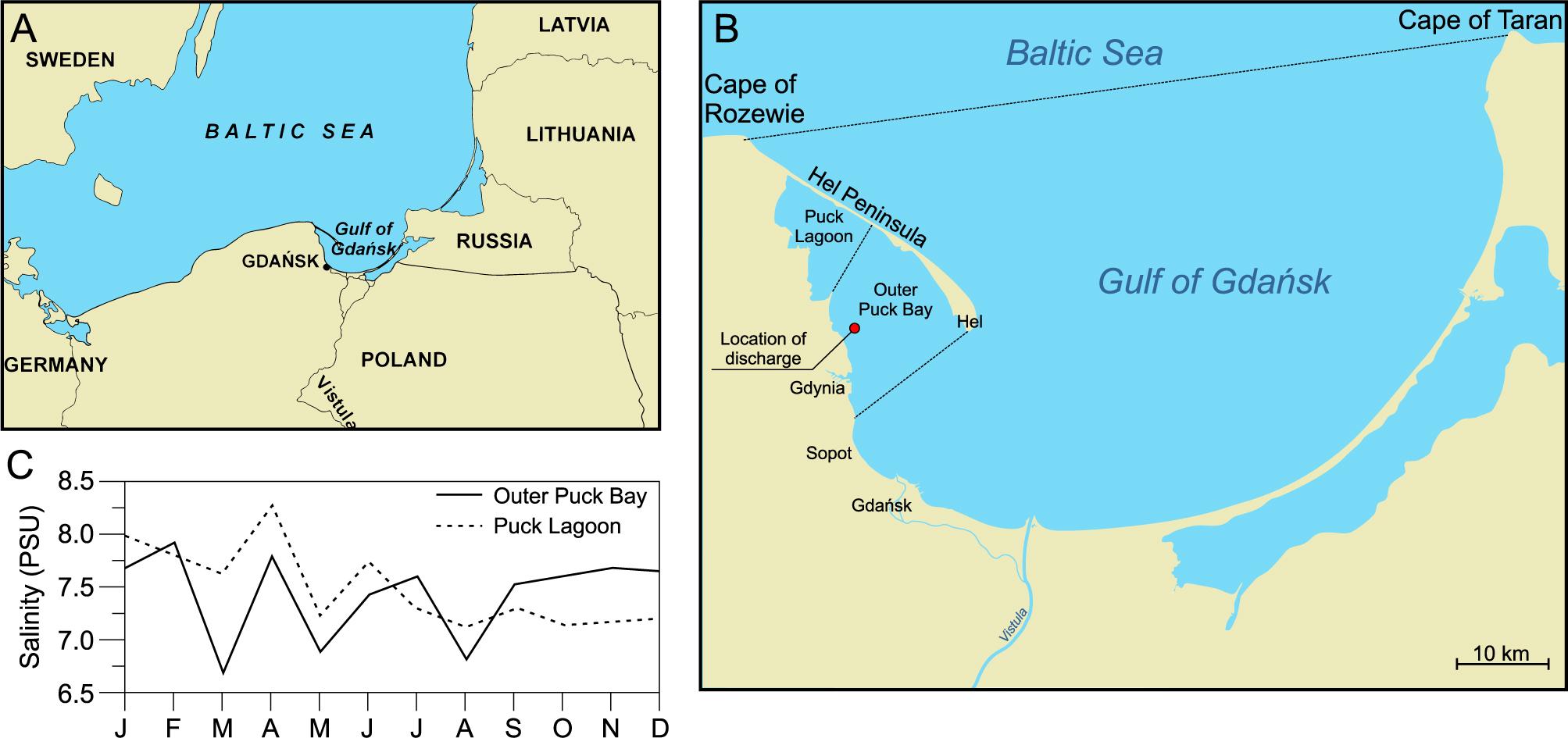 General view of the Gulf of Gdańsk (A), including the location of the discharge site (B) and the variability of the mean monthly salinity in the surface layer in the Outer Puck Bay and in the Puck Lagoon (based on data from the Institute of Meteorology and Water Management for 1965-1974, see Nowacki 1993) (C)