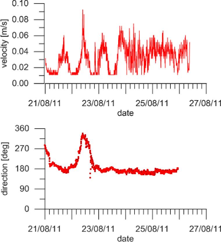 Water flow velocity and direction at a depth of 1m above the bottom in location B in the period of 21-26 August 2011