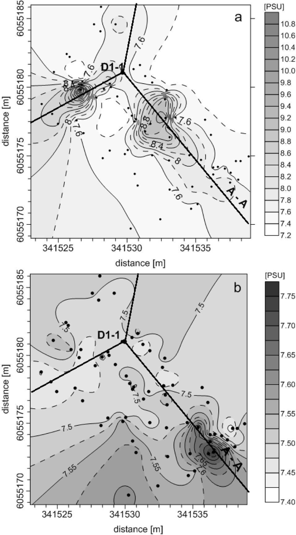 Spatial distribution of salinity: a − maximum salinity values in verticals, b – salinity at the bottom; dots – measurement locations