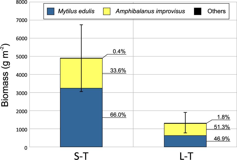 Mean total biomass percentages of species in short-term (S-T) and long-term (L-T) assemblages from site TBD. The others group is composed of species that formed less than 1% of the total biomass.
