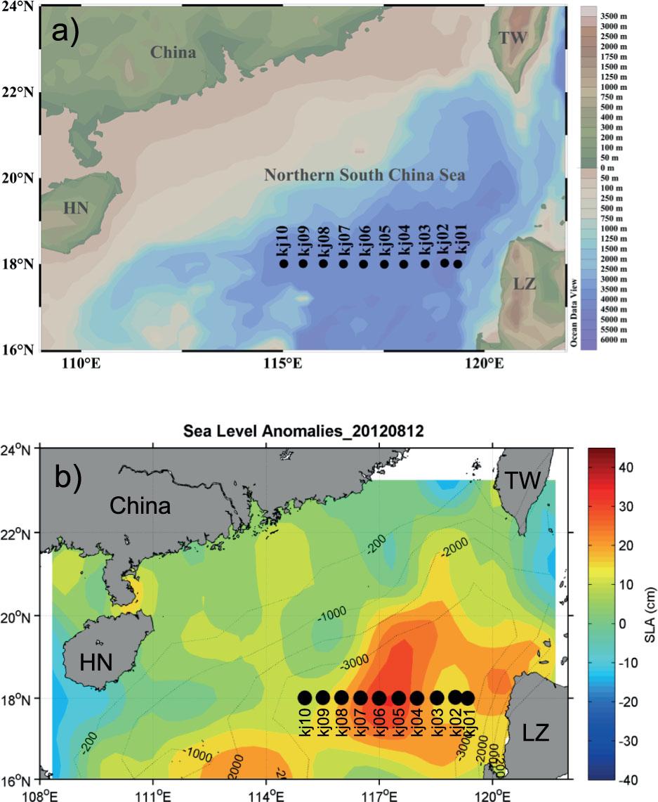 (a) Locations of sampling stations (kj01–kj10) during the cruise of August 2012. (b) Map of weekly average sealevel anomalies during the sampling period in August 12-19, 2012; the 200-, 1000-, 2000-, and 3000-m isobaths are marked. HN, Hainan Island; TW, Taiwan; LZ, Luzon