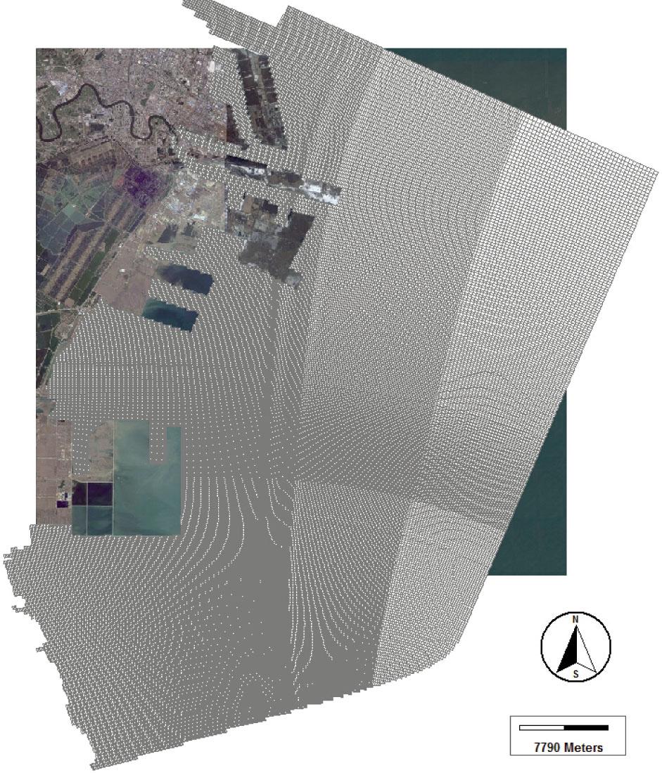 The grid of the Tianjin port model (satellite image from bing maps)