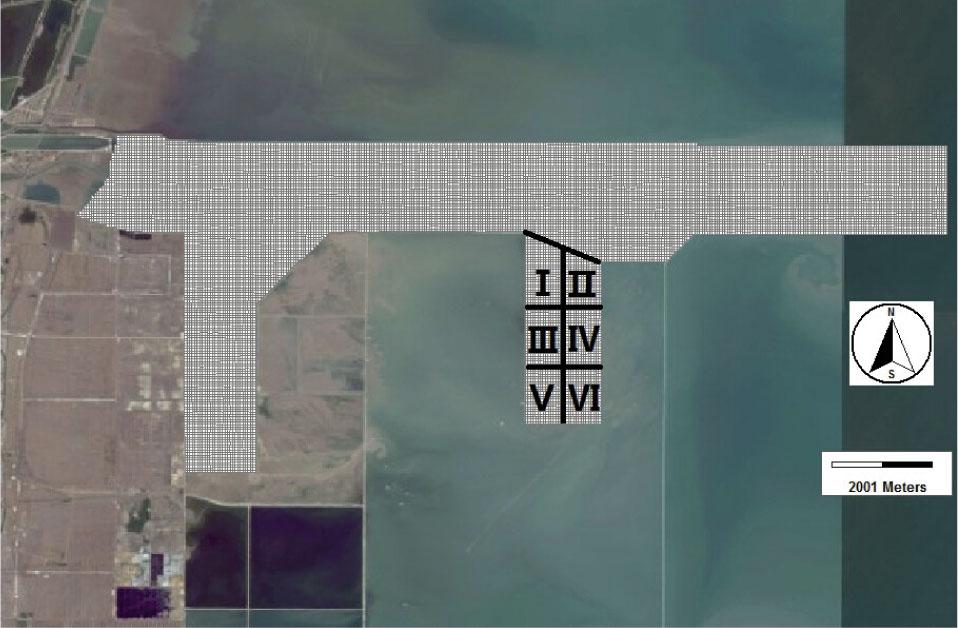 The grid of Nangangmodel with the six simulation oil spill regions in the eastern harbor of Tianjin Nangang (satellite image from bing maps)