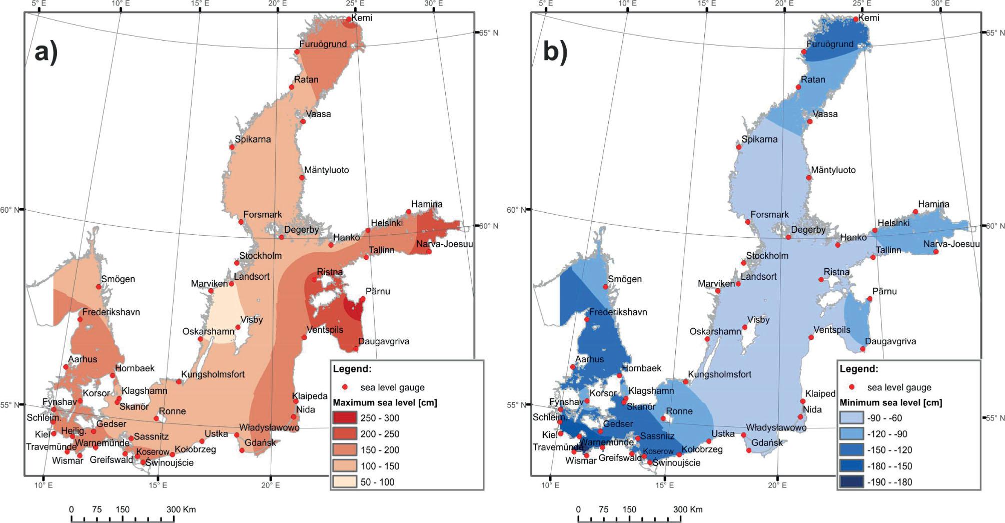 Distribution of extreme sea levels in the Baltic Sea in the period of 1960-2010; a) maximum sea levels, b) minimum sea levels (source: Wolski et al. 2014)