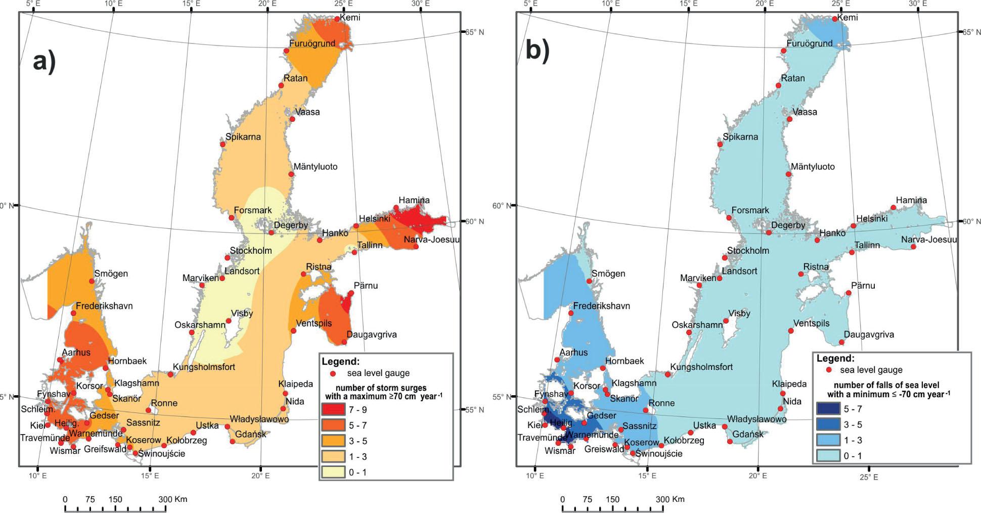 a) The number of storm surges with the maximum ≥ 70 cm referring to NAP per year (annual average value from the long term 1960-2010); b) The number of falls with the minimum ≤ -70 cm referring to NAP per year (annual average value from the long term 1960-2010)