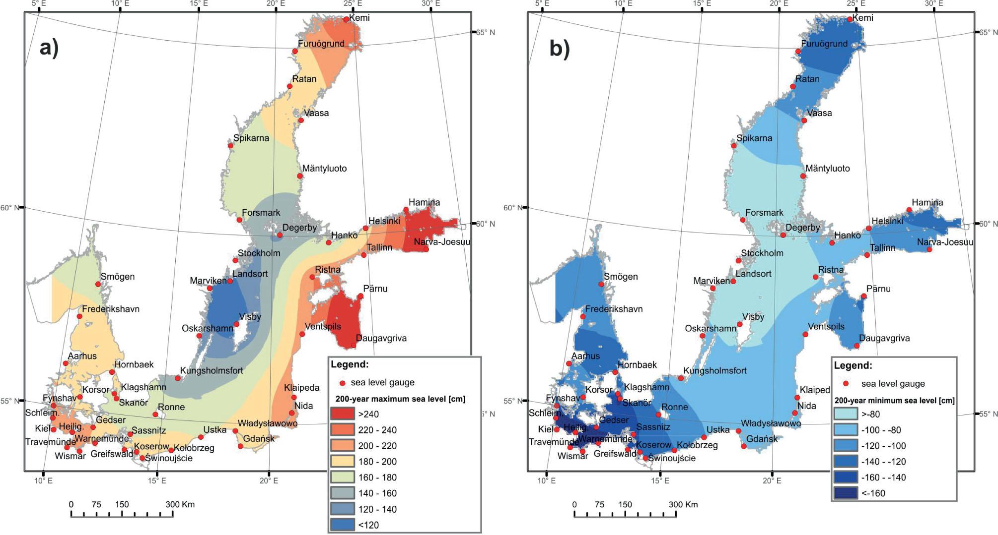 Distribution of theoretical water with the 200-year return period: a) theoretical 200-year maximum water level, b) theoretical 200-year minimum water level
