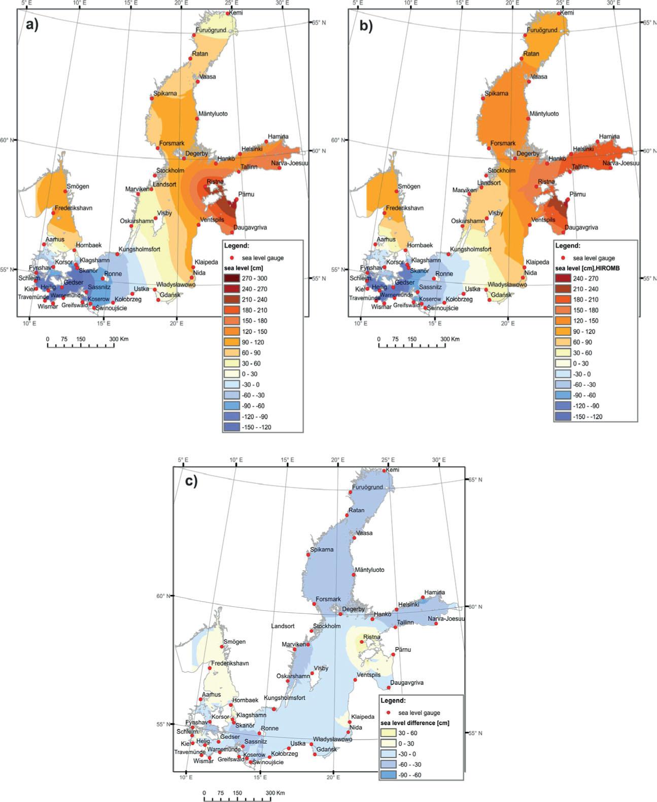 Baltic sea surface models for 9 January 2005, 03:00 UTC: a) on the basis of real sea levels (49 tide gauges); b) on the basis of the HIROMB model (49 points); c) absolute differences between sea levels in cm
