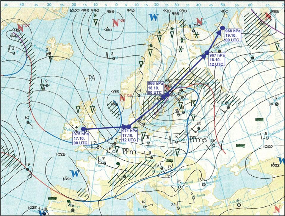 The course of the low pressure system on 17-19 October 1967 together with the main synoptic situation on 18 October.1967, 0:00 hrs UTC (source: Synoptic Bulletin PIHM with modification of the authors).
