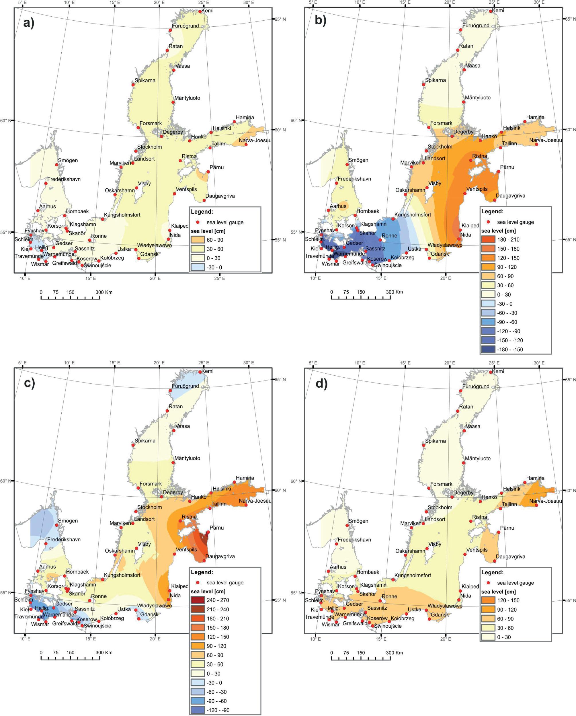 The image of instantaneous sea levels of the Baltic Sea: a) 17 October 1967, 12:00 UTC; b) 18 October 1967, 04:00 UTC; c) 18 October 1967, 08:00 UTC; d) 18 October 1967, 16:00 UTC