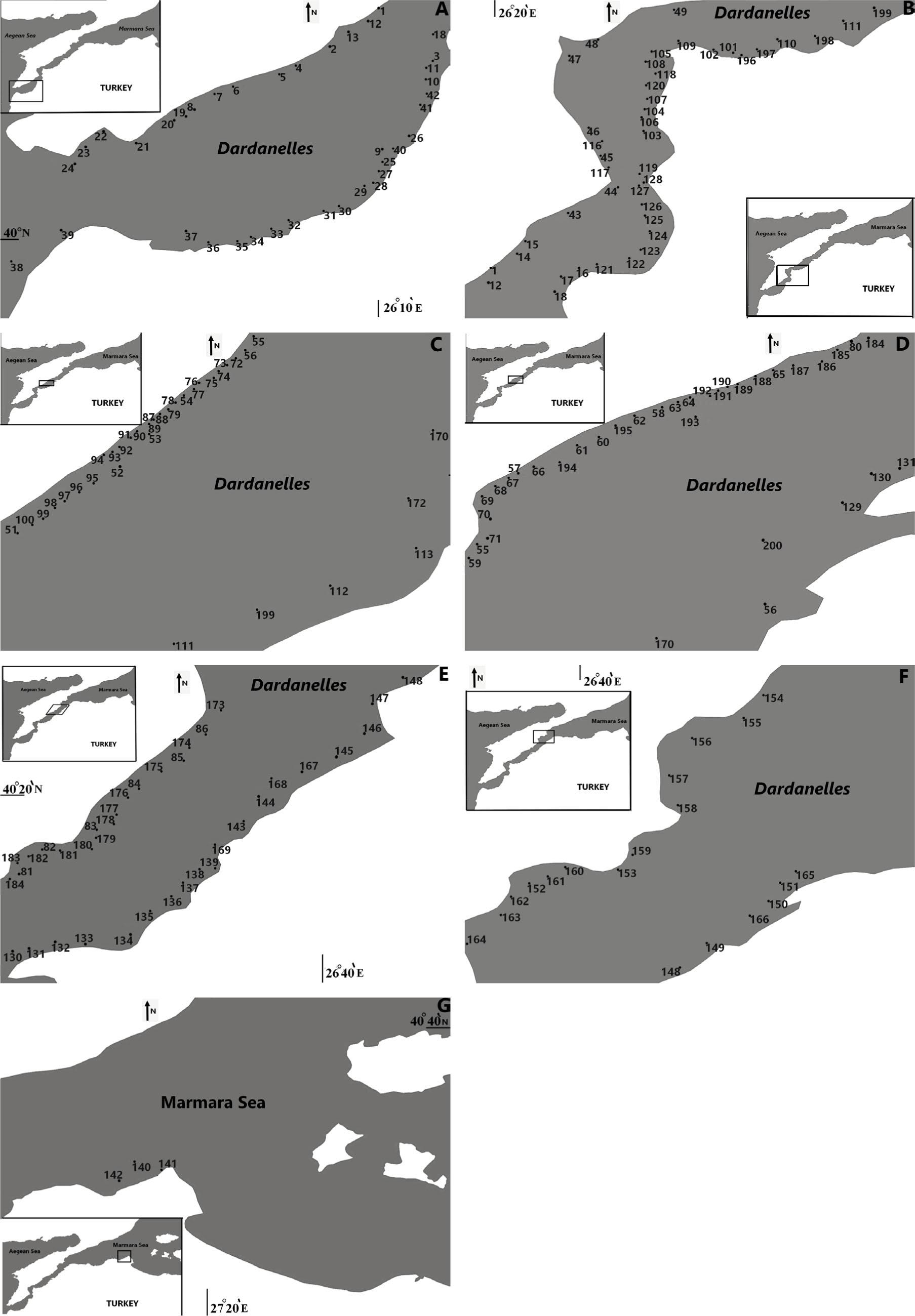 GPS-supported map of the study stations in the Dardanelles and Marmara Sea