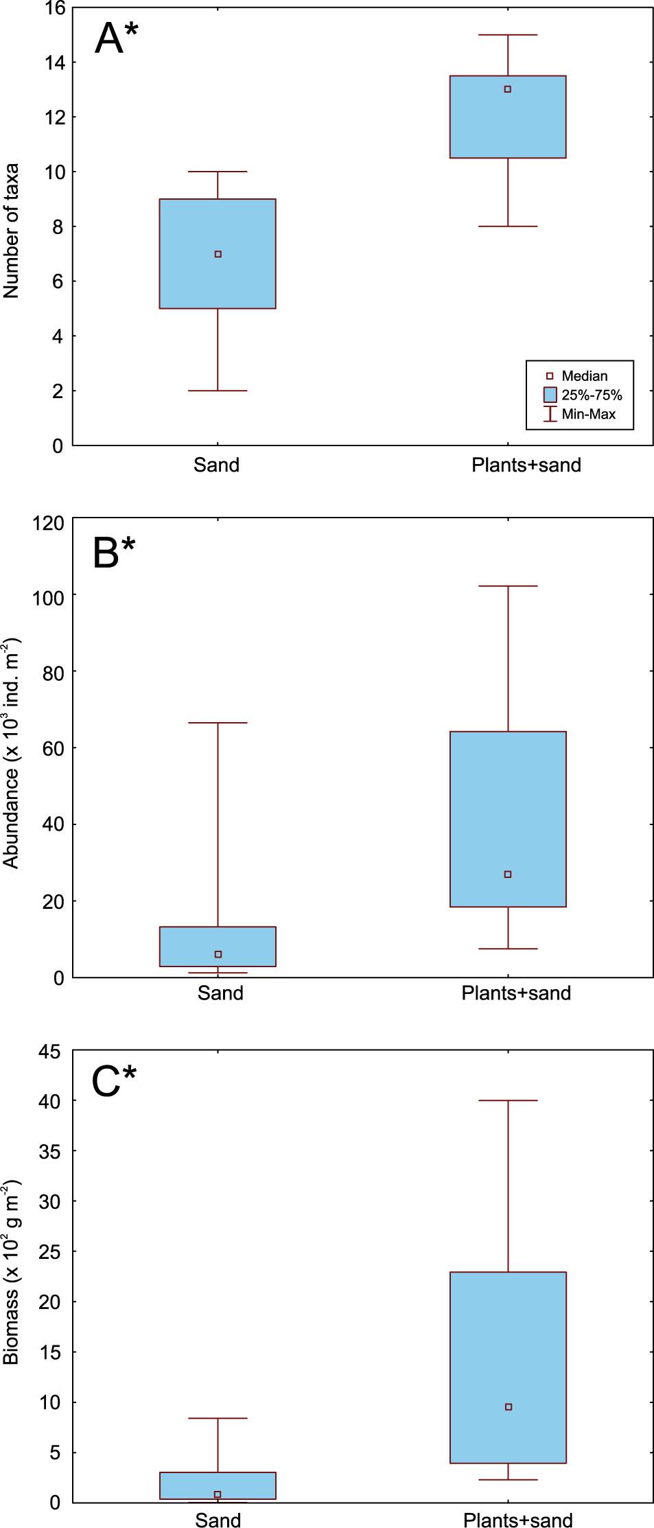 The number of taxa (A), abundance (B) and biomass (C) on bare sand (Sand) and on the bottom covered with vascular plants (Plants + sand) (the asterisk indicates statistically significant differences: p<0.05)