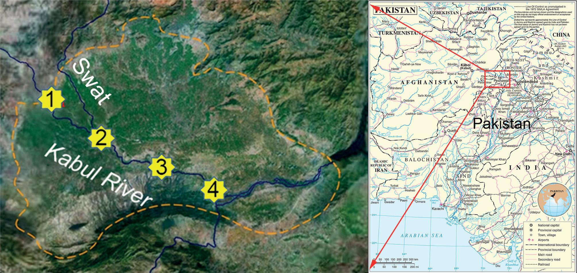 Peshawar Valley with the Kabul River sampling sites on the map of Pakistan (http://www.un.org/Depts/Cartographic/map/profile/pakistan.pdf)
