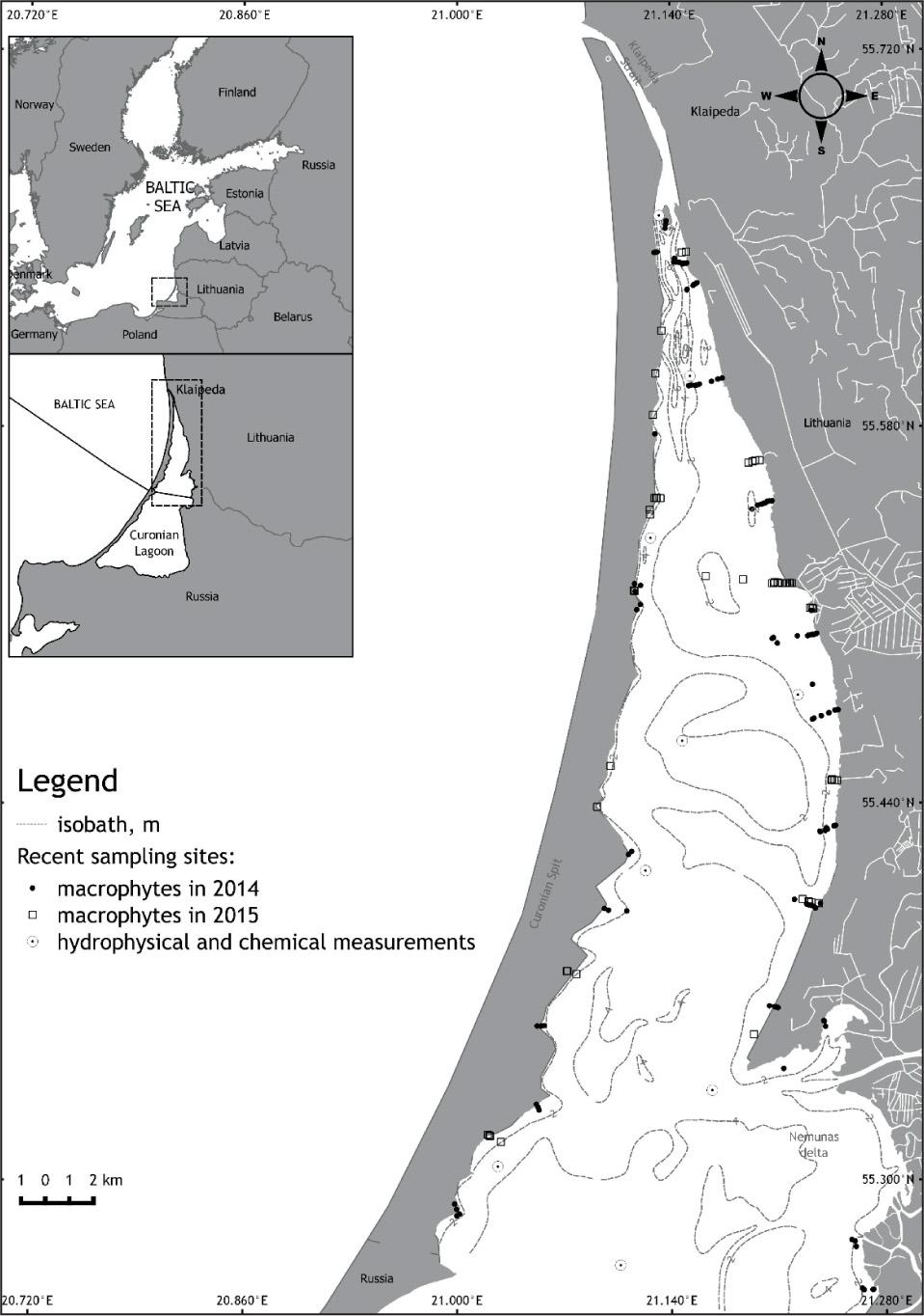 Geographical location of the study area and the distribution of recent (2014-2015) macrophyte sampling transects (samples were collected every ca. 0.25 m along the depth gradient from the coastline or reed stands down to the maximum colonization depth of macrophytes), sites locations (e.g. between the transects or within reed stands) and sampling locations of hydrophysical and chemical parameters in the estuarine part of the Curonian Lagoon