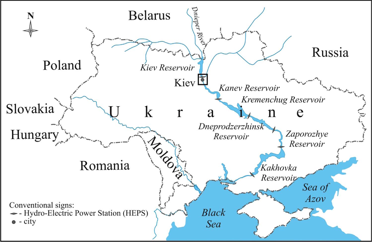Location of the reservoirs of the Dnieper cascade