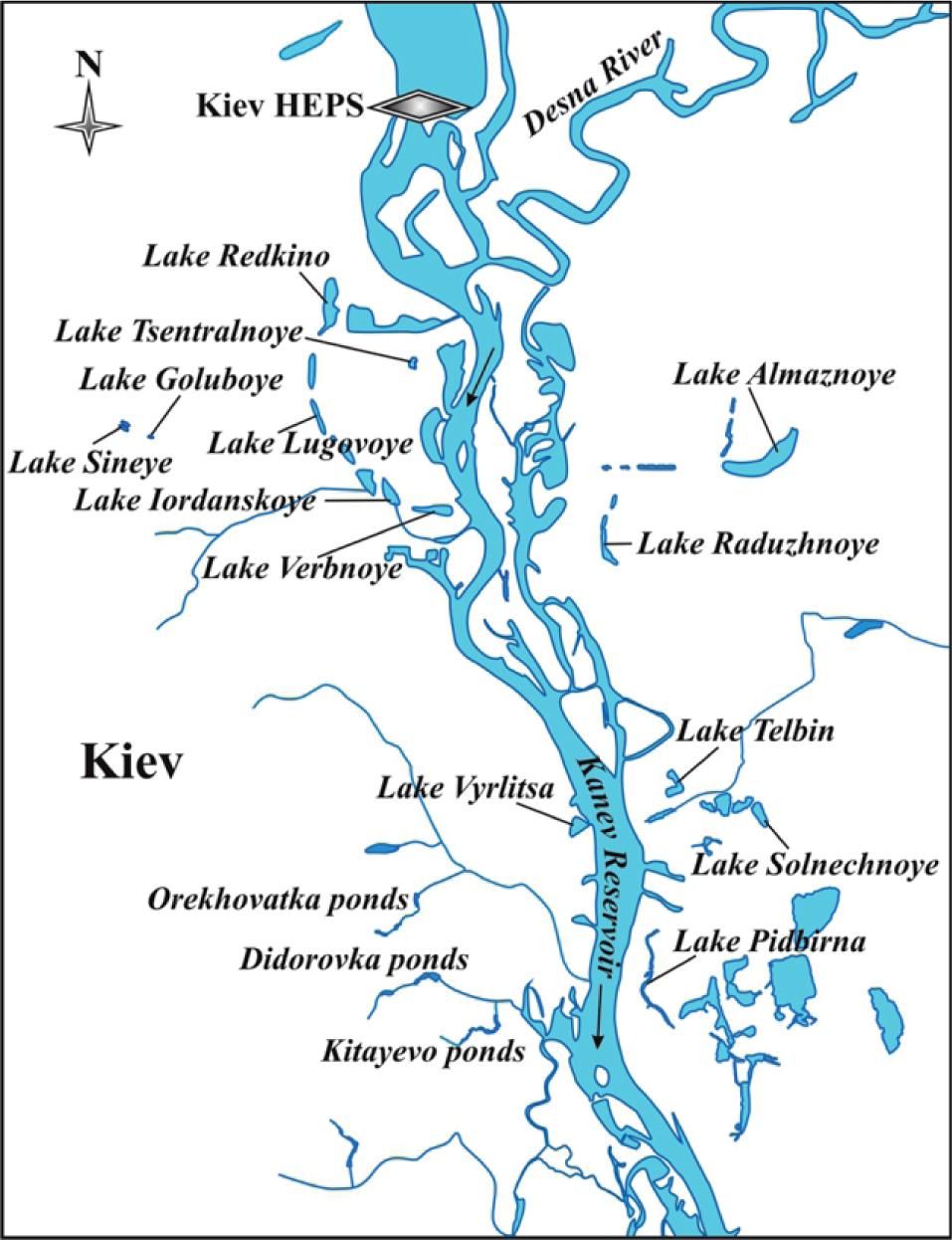 Location of the studied ponds and lakes of Kiev (according to the specialist in ecohydrology S.V. Batog)