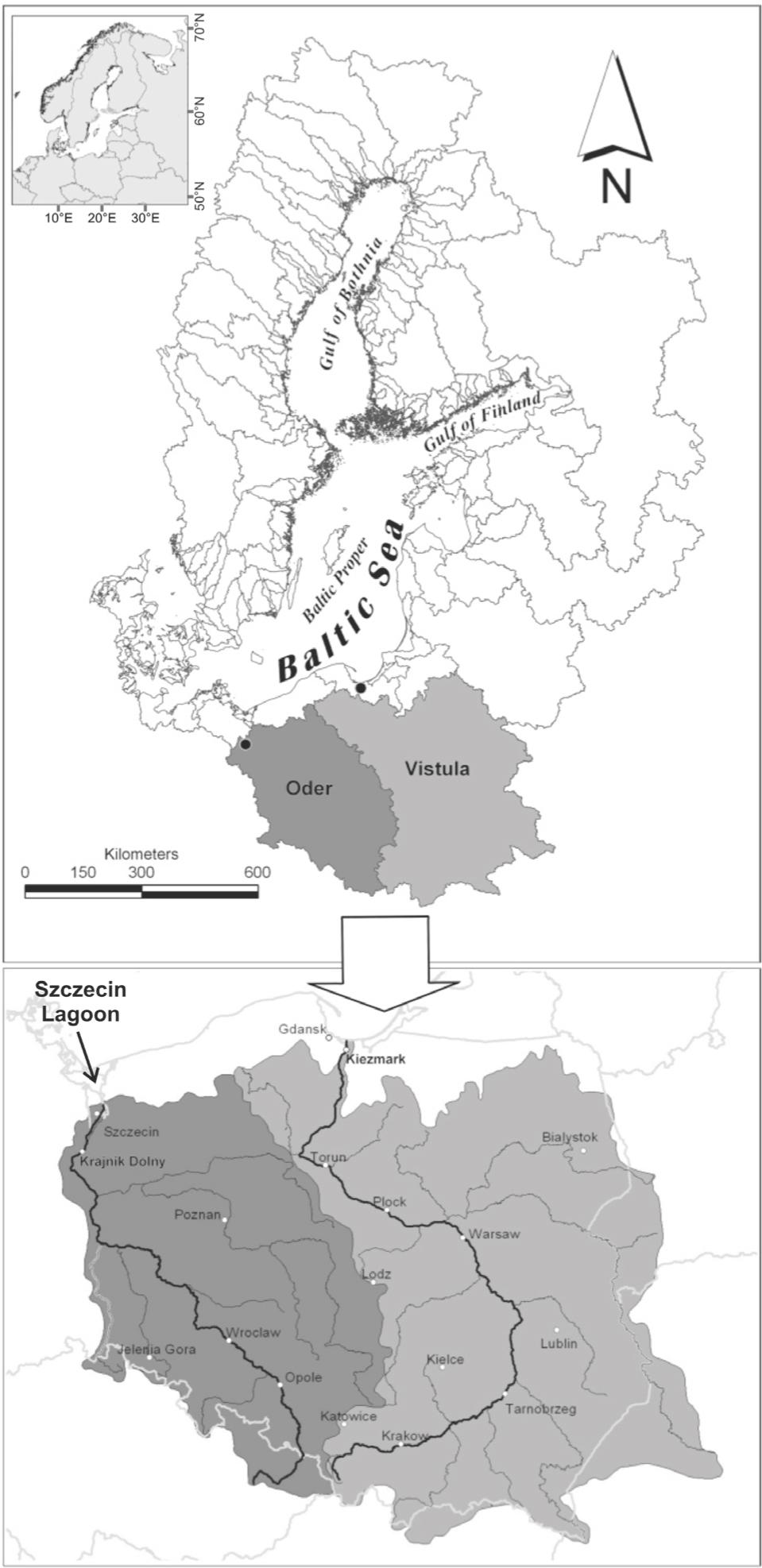 The Baltic Sea catchment and the location of the investigated Vistula and Oder basins; two dots in the upper map indicate the lowermost Oder (Krajnik Dolny) and Vistula (Kiezmark) monitoring stations (source: the upper part of the combined map was produced and kindly made available by Dr. Erik Smedberg from BNI, Stockholm University, Sweden)