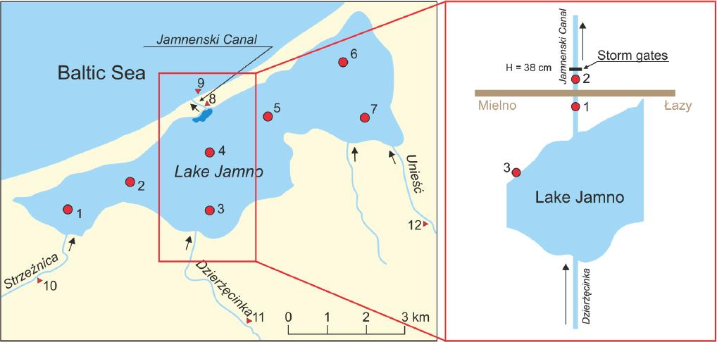 Location of gauging sites on Lake Jamno and the Jamno Canal (Cieśliński 2004) and location of water sampling sites used in the period 2013–2015