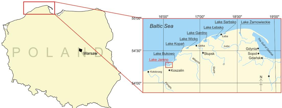 Location of Lake Jamno along the southern coast of the Baltic Sea with respect to other bodies of water in the area (Paturej 2006)