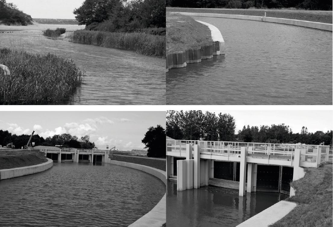 The Jamno Canal before and after the construction of the storm barrier along with a view of the storm barrier
