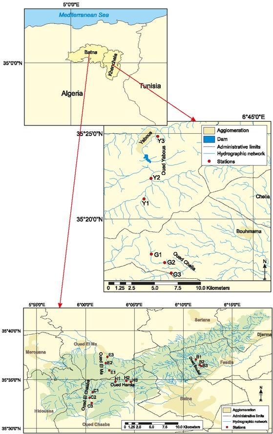 General hydrographic network of the surveyed area with the location of the six wadis and the study sites in the semi-arid region of NE Algeria
