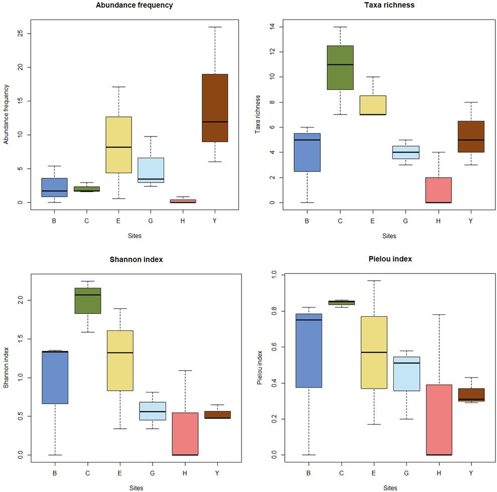 Box-plots showing differences between the six studied wadis in terms of the community abundance (AF), total specific richness (S), Shannon diversity index (H’) and Pielou index (J’) of benthic entomofauna. B – Wadi Bouilef; C – W. Chaaba; E – W. El Ma; G – W. Chélia; H – W. Hamla; Y – W. Yabous