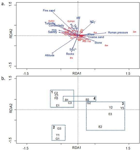 Redundancy analysis (RDA) ordination plots. a) taxa and environmental variables (taxa codes are explained in Table 3); b) sites (taxa codes are explained in Table 1)