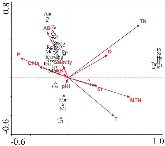 Biplot of CCA performed on the total abundance of all species in samples and environmental variables (arrows): T – temperature; O – oxygen; pHi – pH; Chl a – chlorophyll a;TN – total nitrogen; P– phosphorus; Si – silicate; MTH – maximum thallus height; EB – epiphyte wet weight; AB – algal wet weight; Lc – Lepidochitona cinerea, Sa – Steromphala adansonii, Js – Jujubinus striatus, Tp – Tricolia pullus pullus, Hs – Homalopoma sanguineum, Br – Bittium reticulatum, Cs – Cerithidium submammillatum, Ac – Alvania cimex, Ad – Alvania discors, Am – Alvania mamillata, Pp – Pusillina philippi, Pr – Pusillina radiata, Rg – Rissoa guerinii, Rsi – Rissoa similis, Rsp – Rissoa splendida, Rve – Rissoa ventricosa, Rvi – Rissoa violacea, Oe – Ocenebra edwardsii, Ps – Pisania striata, Tn – Tritia neritea, Si – Spiralinella incerta, Be – Brachystomia eulimoides, Bs – Brachystomia scalaris, Mb – Modiolus barbatus, Ml – Mytilaster lineatus, Mm – Mytilaster minimus, Mg – Mytilus galloprovincialis, Mc – Musculus costulatus, Fg – Flexopecten glaber, Hr – Hiatella rugosa