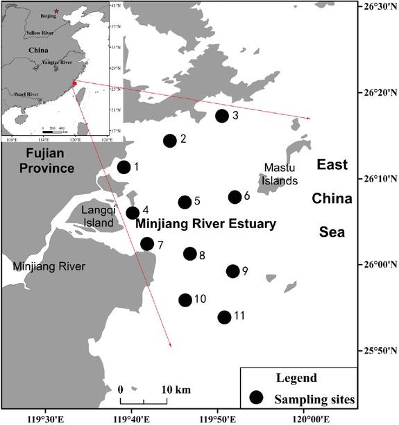 Sketch map of the study area (the Min estuary, southeastern China) with the sampling sites as solid circles