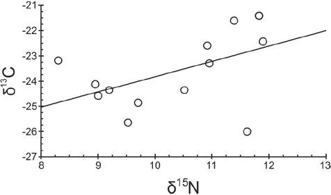 Stable isotope ratio of nitrogen and carbon in the muscles of herring gulls collected in the coastal zone of the southern Baltic in 2010–2012 (δ13C =0.6651 δ15N– 30.4105, r=0.5287, p=0.042)