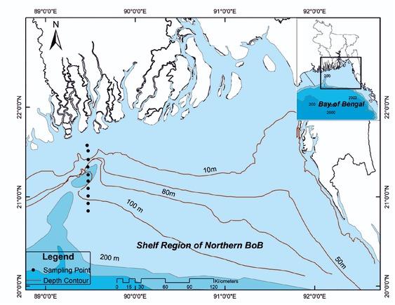 Shelf region of the northern BoB including 10 sampling locations