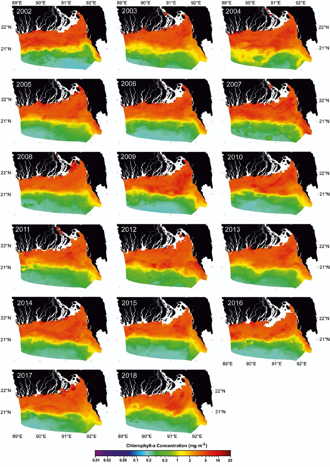 MODIS-Aqua satellite-derived annual composite Chl-a concentration images from 2002 to 2018