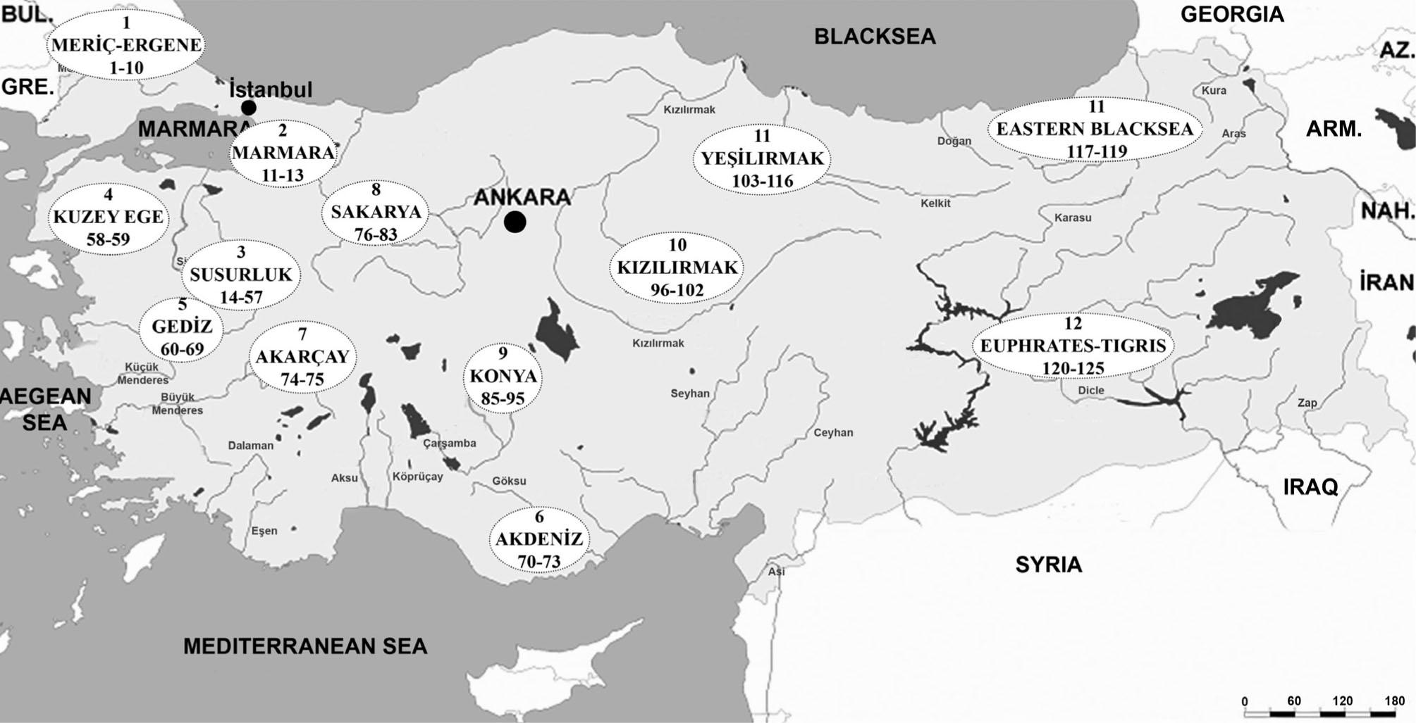 Map of the study area. Sites codes (T1–T125) for each river basin are listed in Table 1.