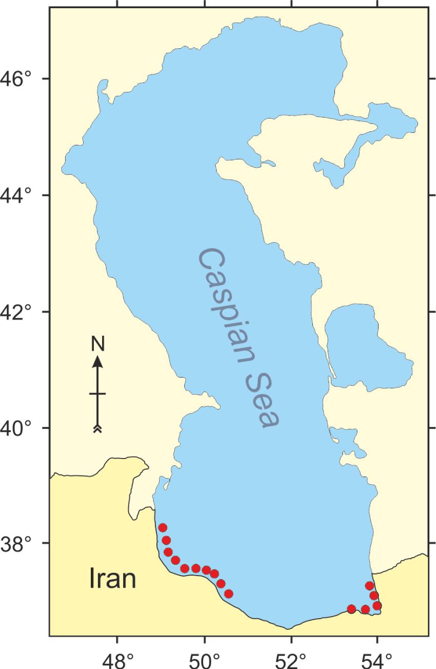 Sampling locations (red closed circles) of sturgeon in the Iranian coastal waters of the Caspian Sea