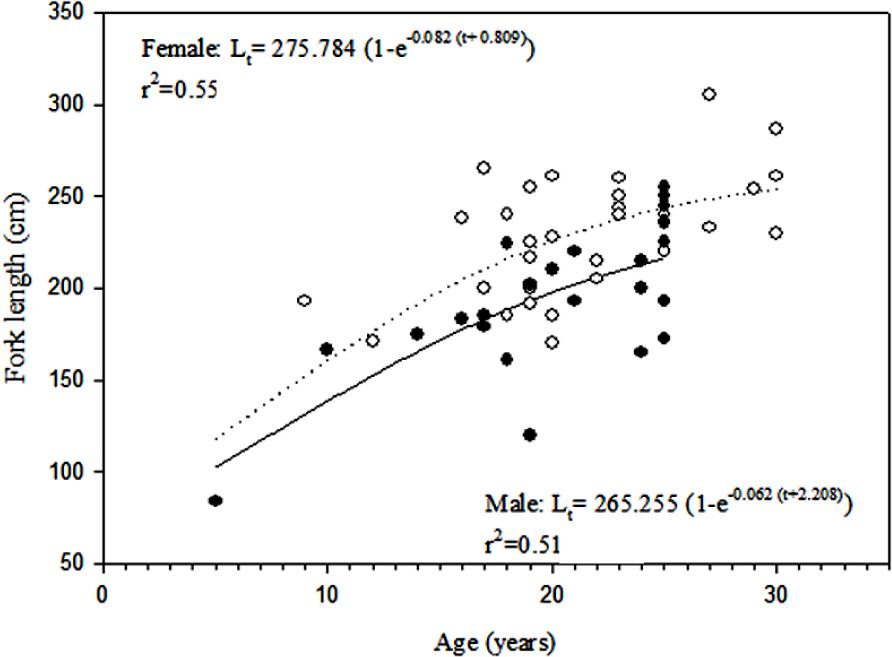 The von Bertalanffy growth function fit to size-at-age relationships for female (open circles and dotted line) and male (closed circles and solid line) great sturgeon in the Iranian coastal waters of the Caspian Sea; Lt = fork length (cm)