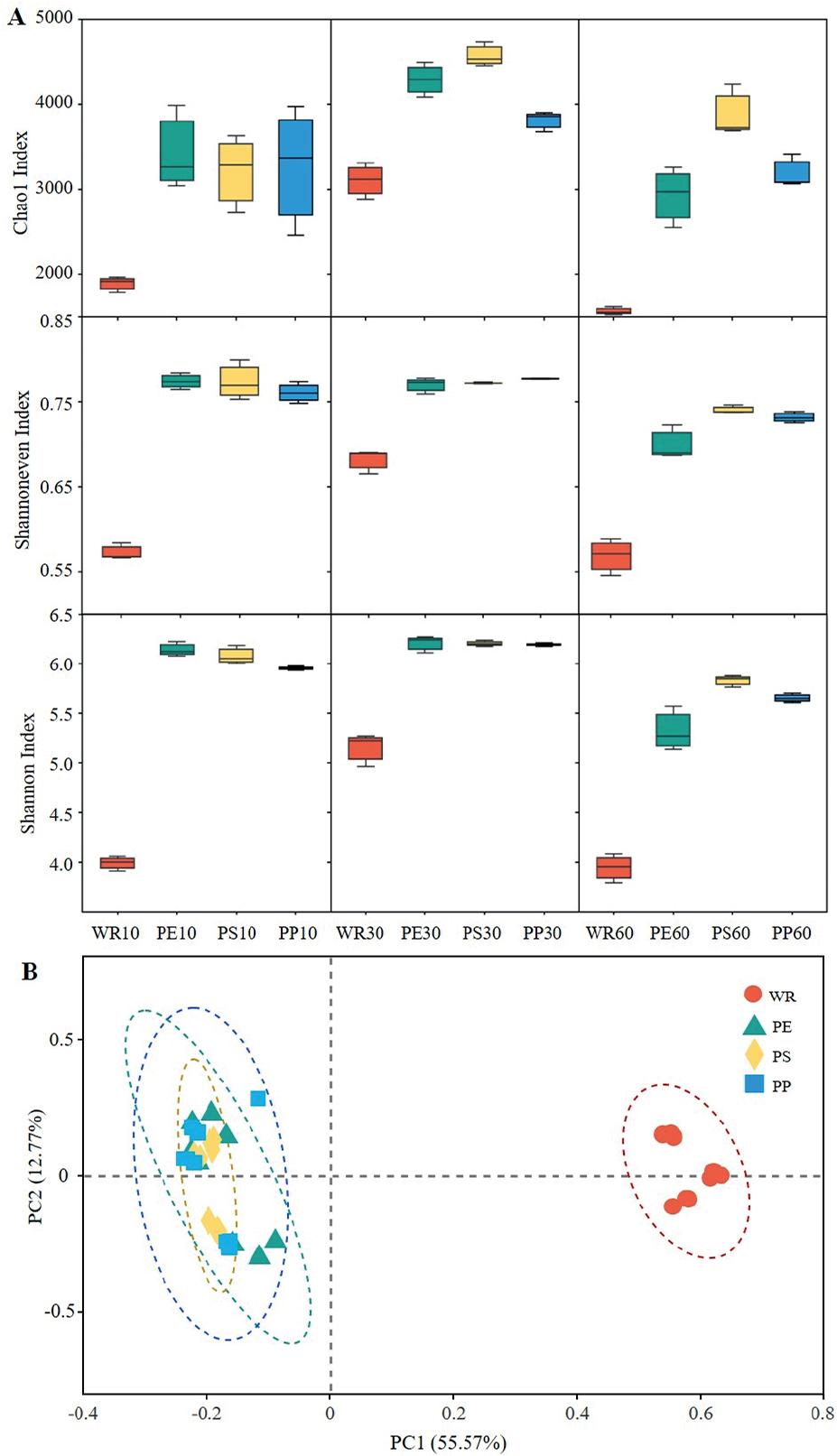 (A) Alpha diversity (Chao1, Shannoneven and Shannon indices) of bacterial communities on MPs and seawater after 10, 30 and 60 days of exposure. (B) Principal Coordinates Analysis (PCoA) based on Bray–Curtis distance, calculated from OTUs of bacterial communities.