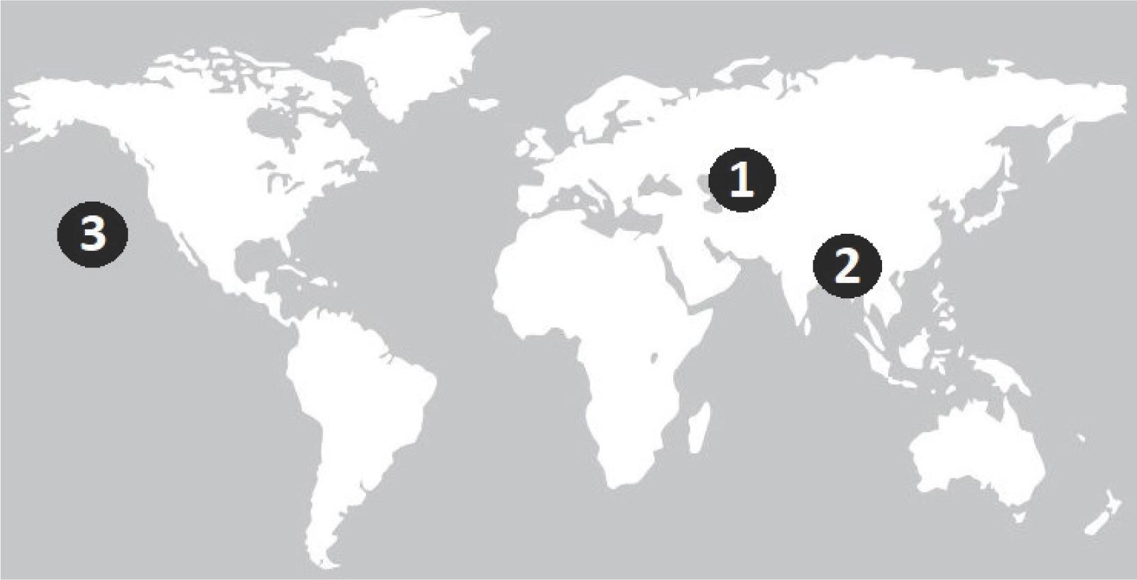 Selected areas affected by disastrous, environmental anthropopressure shown on a schematic map of the world. 1, The Aral Sea and the area; 2, Hazaribagh; 3, the northeast Pacific.