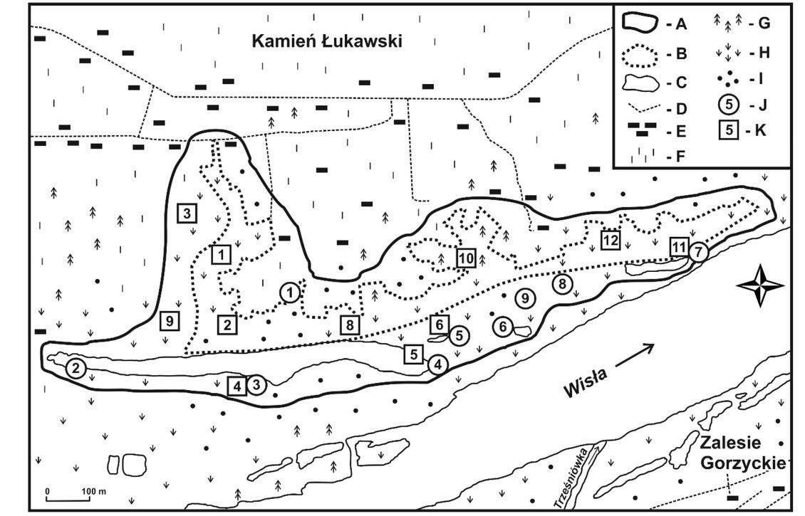 Distribution of observation sites of amphibians and reptiles in the study areaA – limits of study area, B– limits of nature reserve, C– surface waters, D– roads, E– inhabited areas, F– arable land, G – forests, H– forest-thicket communities, I – meadows and xerothermic grasslands, J– amphibian sites, K– reptile sites.