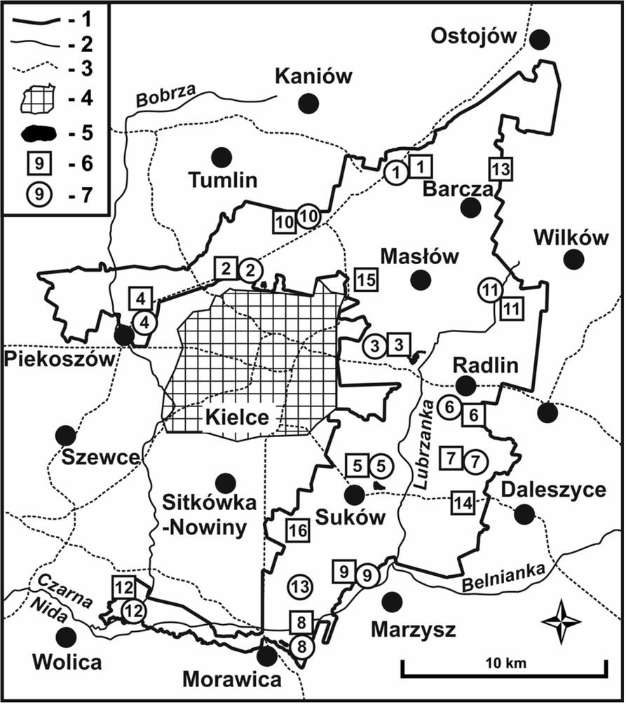 Distribution of amphibians and reptiles in the Podkielecki Landscape Protection Area: 1 – PLPA limits, 2 – rivers, 3 – roads, 4 – city of Kielce, 5 – water reservoirs, 6 – amphibian sites, 7 – reptile sites