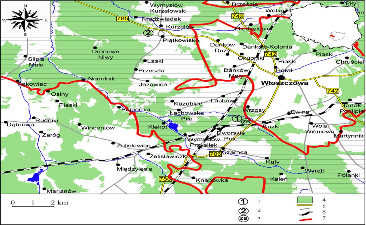 Study area: 1 – Czarnca site, 2 – Kurzelów site, 3 – ‘Strunobet’ concrete factory, 4 – forest areas, 5 – roads, 6 – railway line, 7 – the area of the Włoszczowa-Jędrzejów Protected Landscape Area (Own elaboration)
