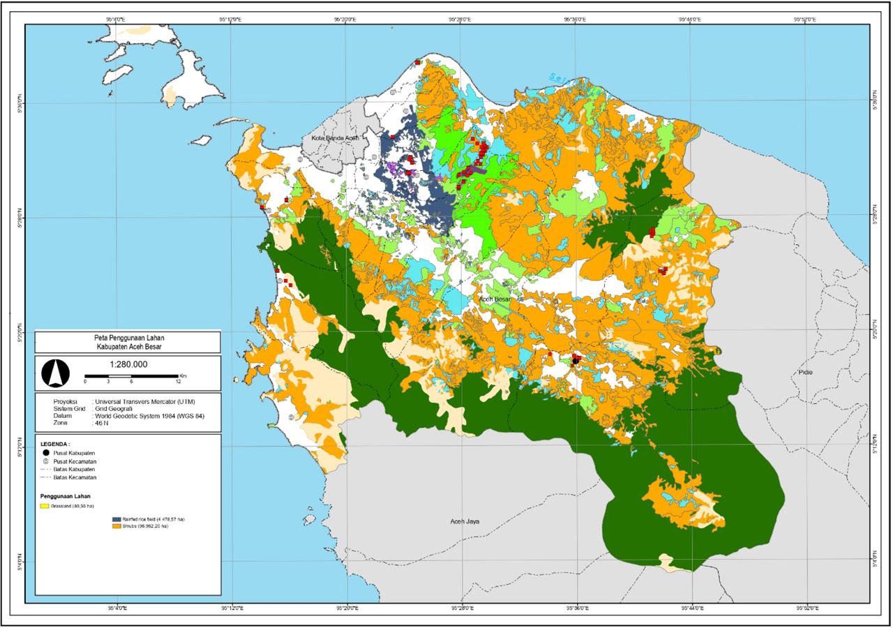 Map of the distribution and area of grasslands, shrubs, and rainfed rice fields on dry land in the Aceh Besar District