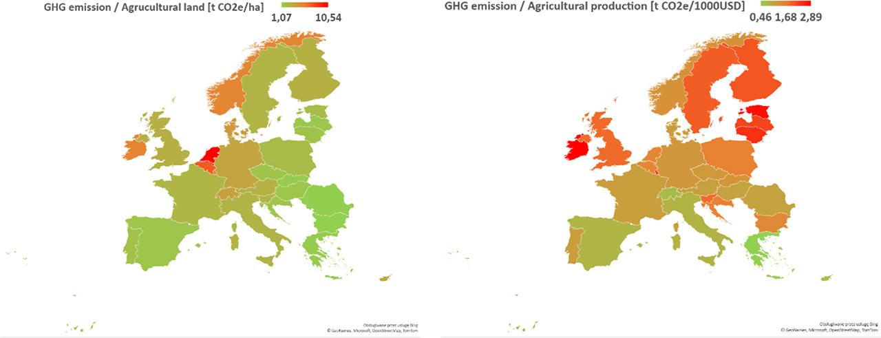 GHG emission level (CO2 eq) per 1 ha of agricultural land and USD 1,000 agricultural production valueSource: Own study, based on FAOSTAT