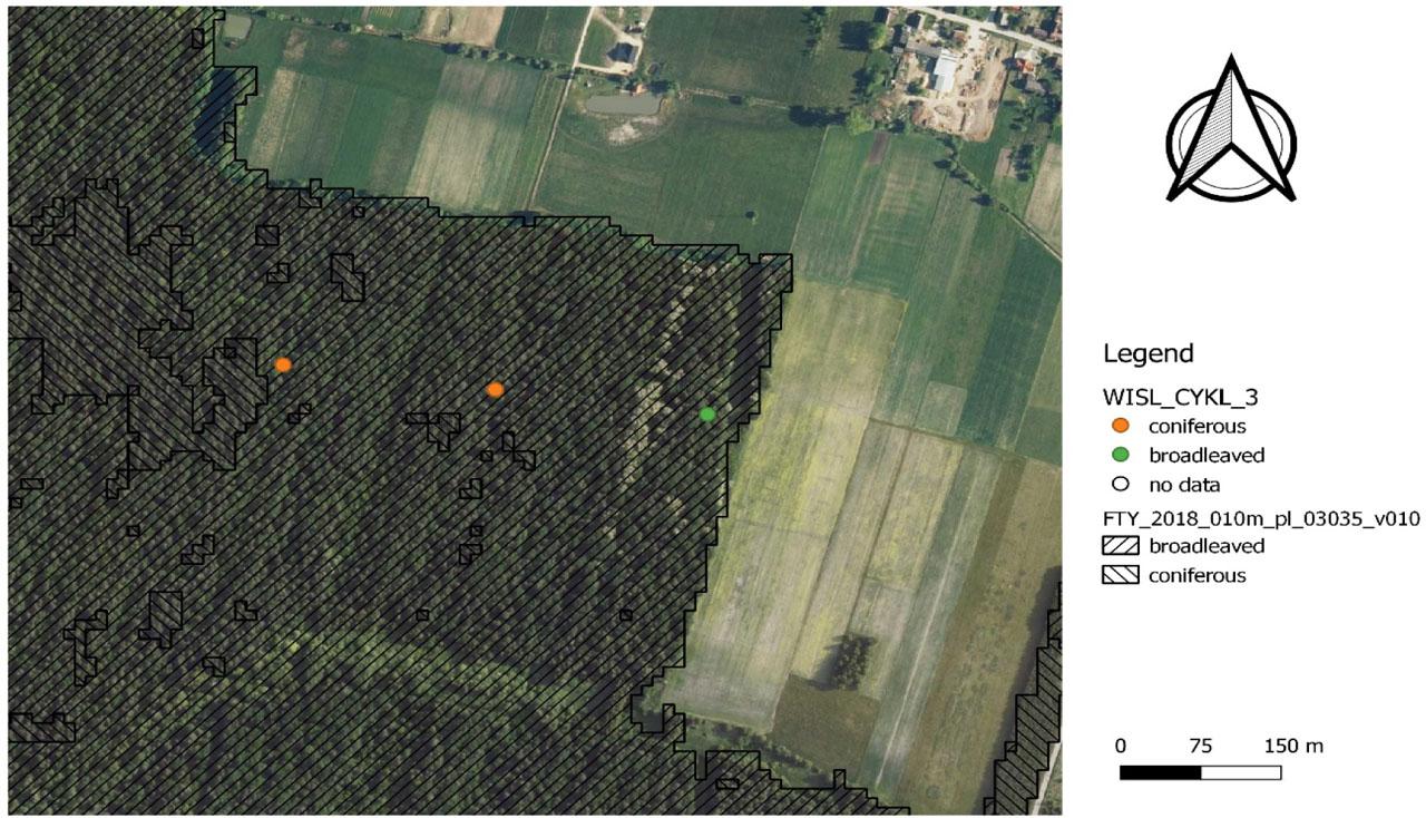Overview of intersecting NFI plots and HRL FTY imaginary (example 1)