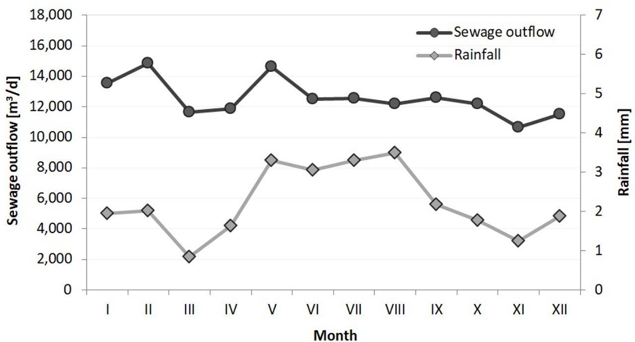 Average daily sewage outflows from the WWTP and average daily rainfalls in specific months during the period 2018–2023