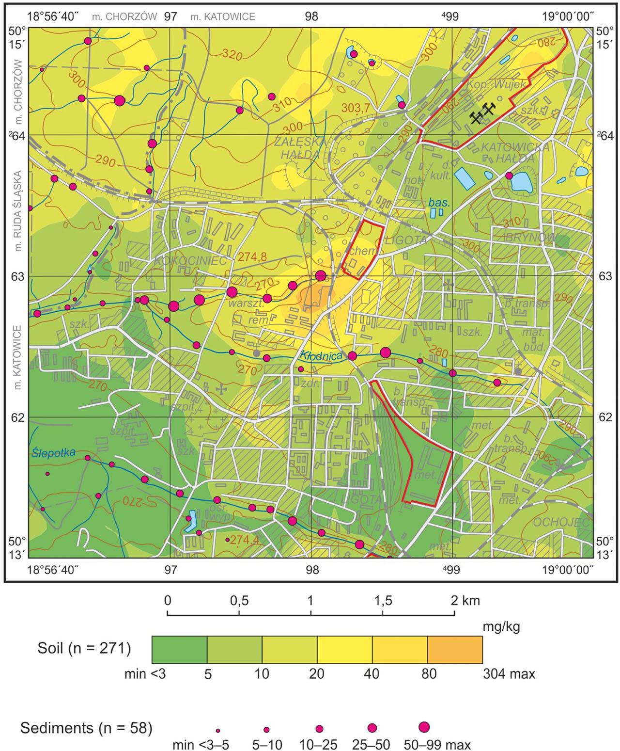 Content of arsenic in topsoil and stream sediments