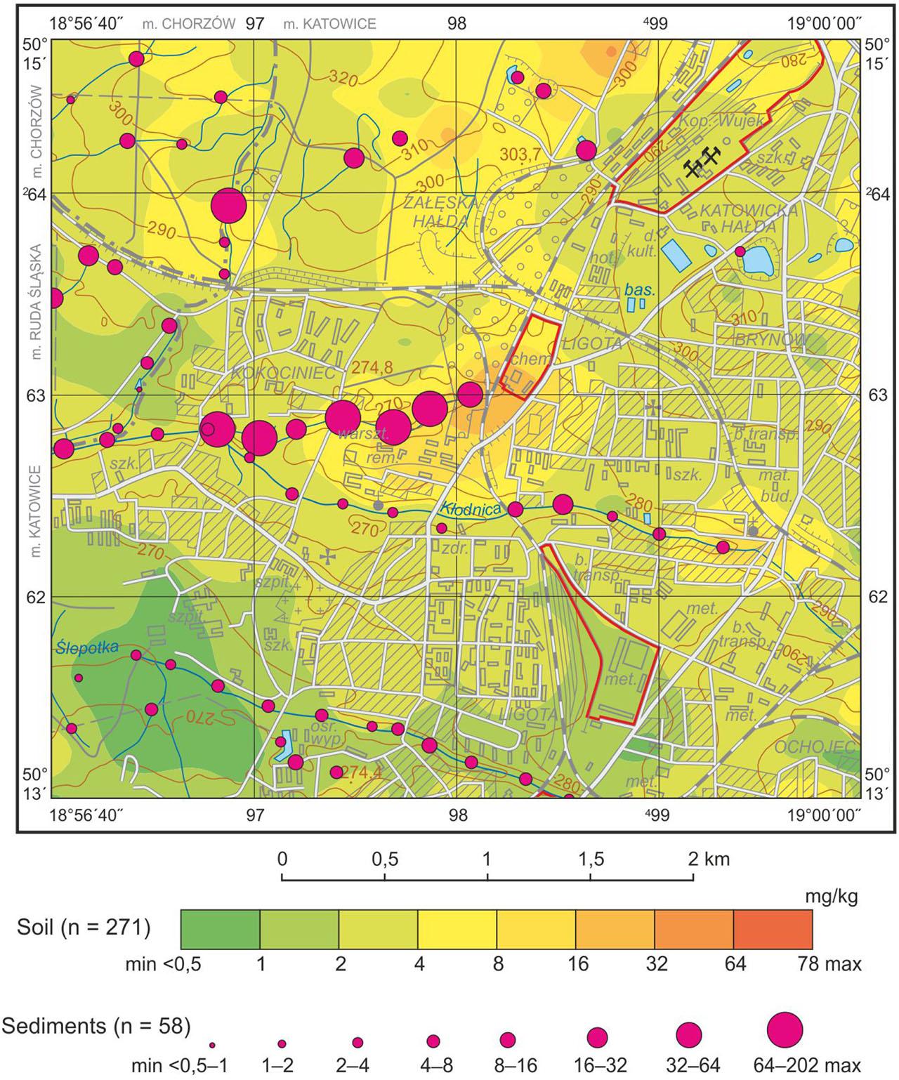 Content of cadmium in topsoil and stream sediments