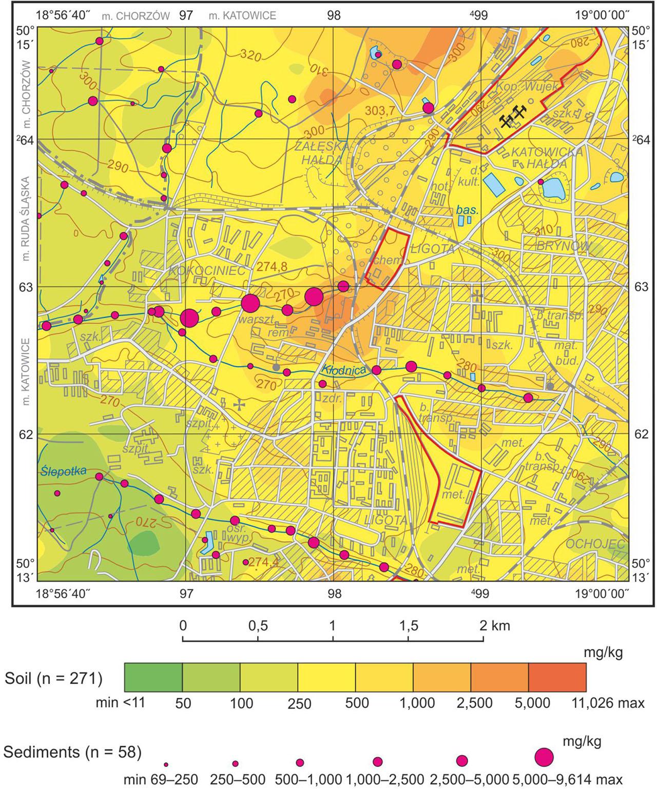 Content of zinc in topsoil and stream sediments