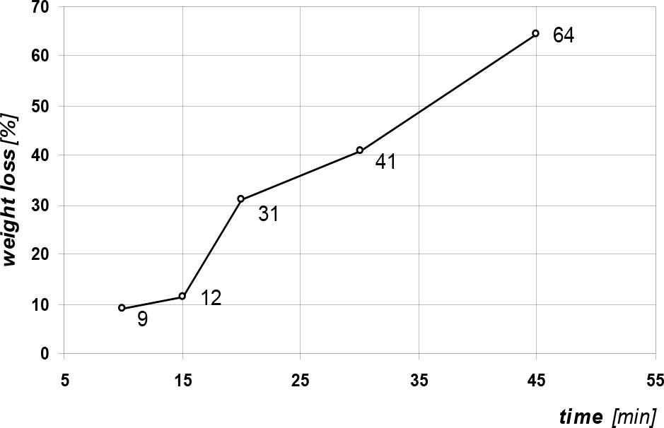 Effect of torrefaction time on the mass loss of the initial biomass sample (process temperature - 320°C, protective atmosphere - carbon dioxide)