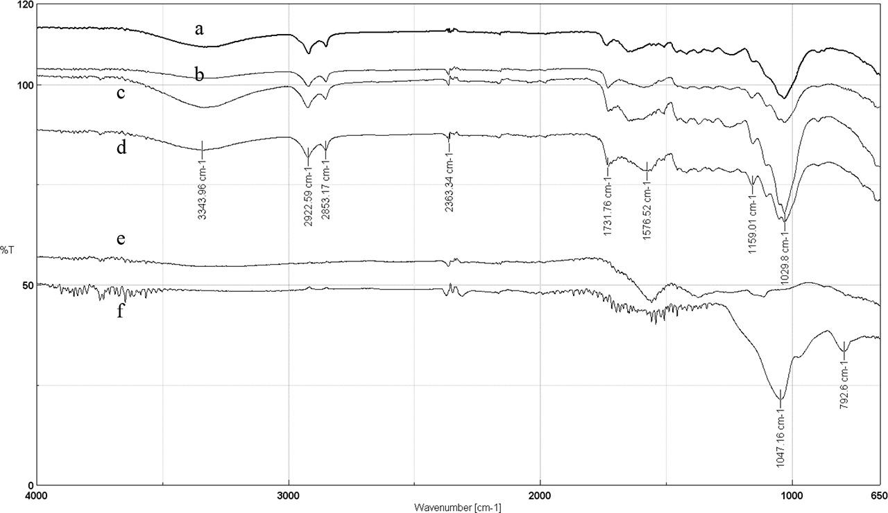 Comparison of the infrared spectra of the starting raw material (a) and the biocarbon obtained at b) 250°C, c) 270°C, d) 300°C, e) 320°C, f) 370°C