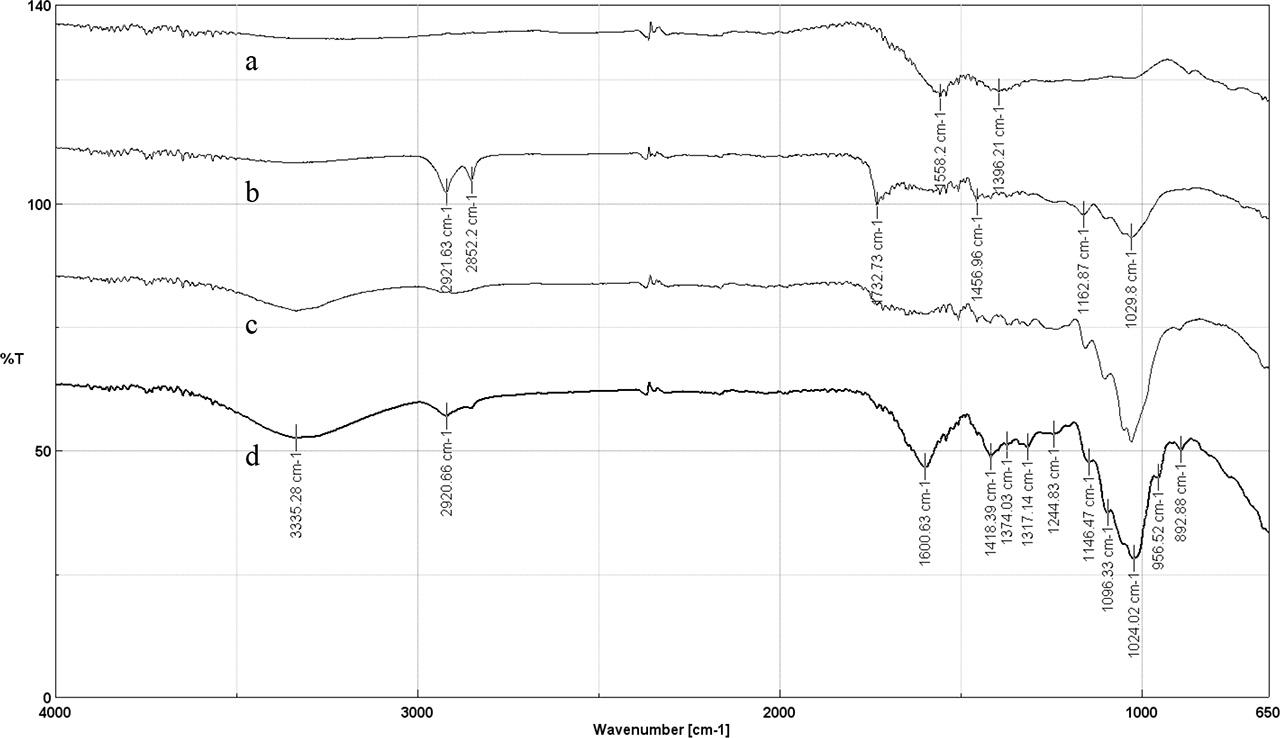 Comparison of infrared spectra of biocarbon obtained at 320°C and at (a) 45 min, (b) 30 min, (c) 20 min, (d) 15 min