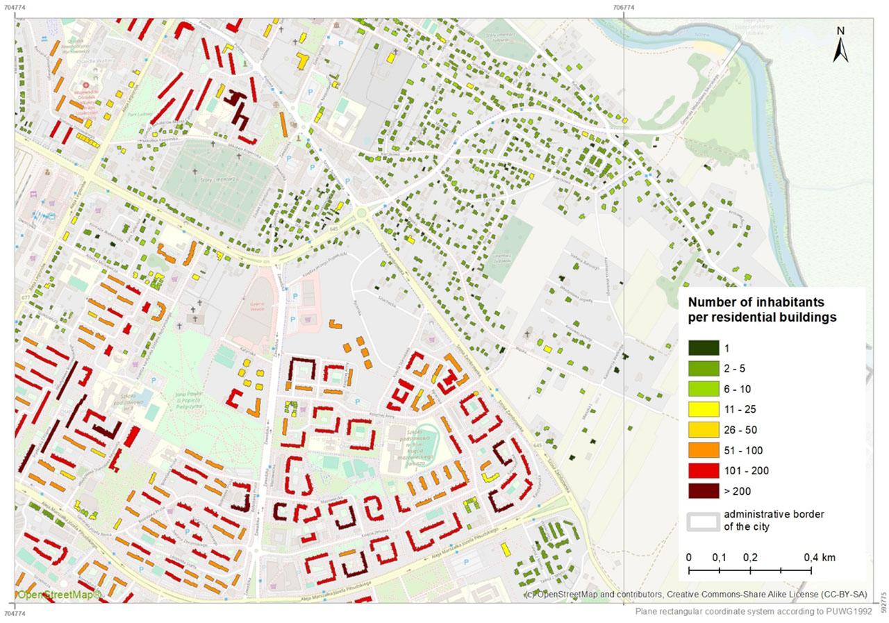 Example distribution of the population of Łomża (city centre area)